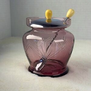 VINTAGE MID CENTURY Amethyst ETCHED GLASS sugarJar with Spoon, made in JAPAN